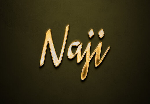 Old gold text effect of Arabic name Naji with 3D glossy style Mockup.