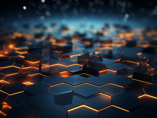 Futuristic hexagonal grid with glowing orange lights, representing advanced technology and innovation, set against a dark background.