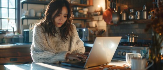 Woman wearing sweater working on laptop in cozy kitchen with natural lighting and warm atmosphere, focusing on her screen.