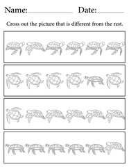 Sea Turtle Puzzle. Printable Activity Page for Kids. Educational Resources for School for Kids. Kids Activity Worksheet. Find the Different Object