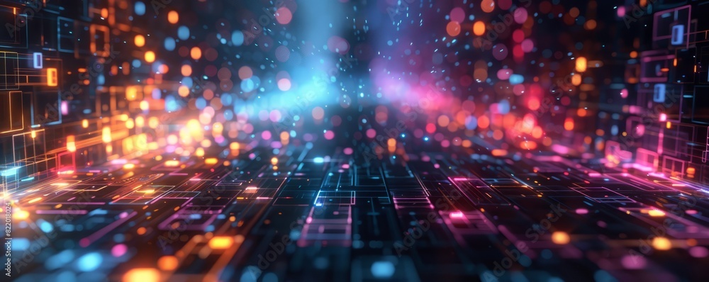 Poster generative ai abstract illustration of geometric shapes and structures in colorful neon colors and l