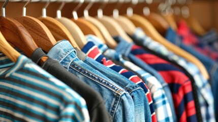 Assorted collection of different clothing items hung on hangers in a wardrobe closet