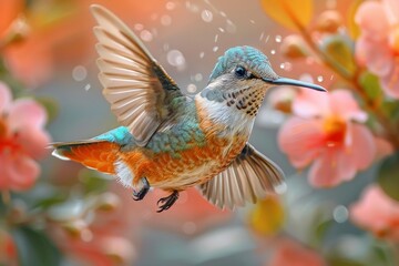 Fototapeta premium Hummingbird flying near flowers