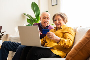 Elderly couple sitting on a sofa, shopping online with a laptop and a credit card. Senior couple...