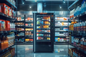 Futuristic vending machines full of beverages and food