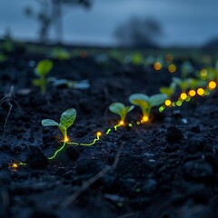 Beautiful close-up of young plants with glowing lights in the soil at dusk, capturing the essence of growth and nature.