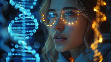 With kein curiosity, a woman immerses herself in the study of a holographically visualized DNA sequence, examining its complex structure.