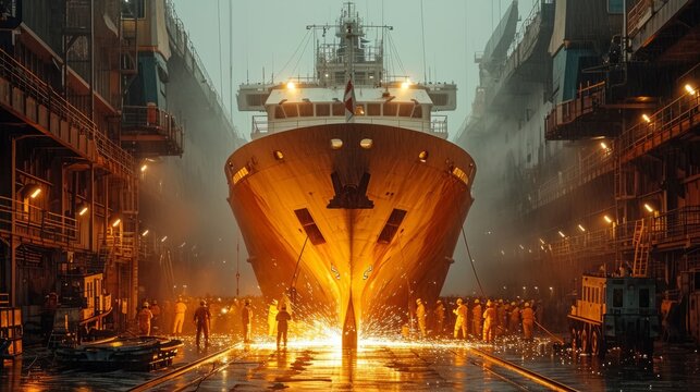 A large ship at a ship repair yard. Repair and construction of large vessels at an industrial shipyard