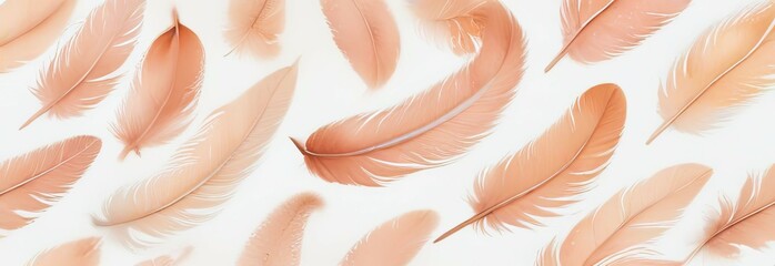 peach colored feathers against light background, watercolor illustration. freedom, grace, tranquility, birds, conservation efforts, beauty of nature, environmental awareness, bedding, comfort concept