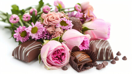 Beautiful bouquet of flowers and chocolate candies iso