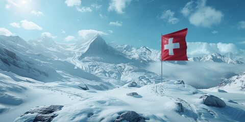 white cross on red swiss flag in the snowy mountains