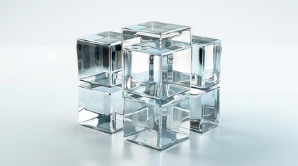 Obraz premium Abstract arrangement of clear glass cubes on a white background, showcasing geometric shapes and minimalistic design.