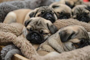 Cute pug puppies sleeping in a cozy basket, snorting and snoring, an adorable scene
