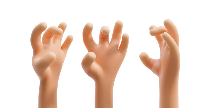 three versions of cartoon 3D hands with fingers isolated on a white background, 3D rendering