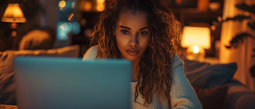 Woman working on a laptop at night, focused and determined, with cozy lights in the background showcasing a comfortable environment.