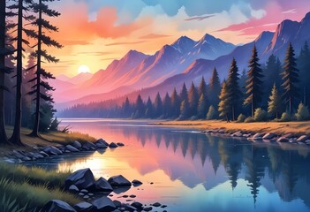 Piękny krajobraz zachodzącego słońca nad rzeką z widokiem na góry i zachodzące słońce. ilustracja jako obraz na ścianę lub okładka książki oraz do innych  projektów. Cudowny efekt farb wodnych
