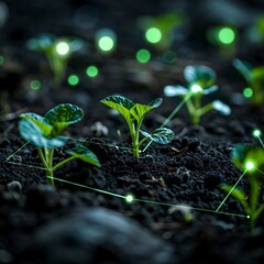 Close-up of young green plant seedlings in dark soil with glowing lights, symbolizing growth, nature, and technology integration.