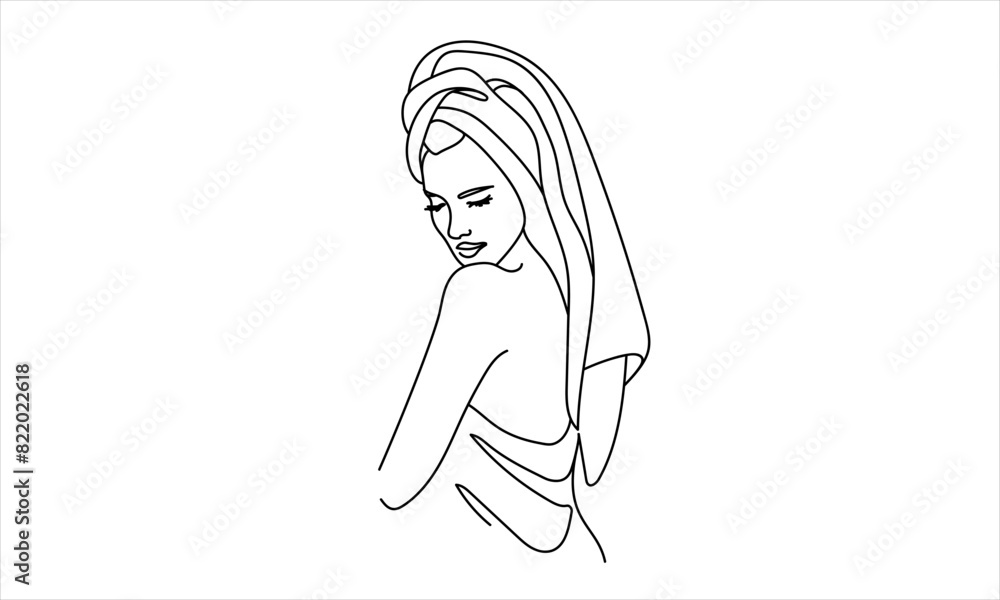 Wall mural elegant girl in a towel after a shower continuous line art drawing isolated on white background. vec