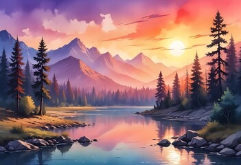 Piękny krajobraz zachodzącego słońca nad rzeką z widokiem na góry i zachodzące słońce. ilustracja jako obraz na ścianę lub okładka książki oraz do innych projektów. Cudowny efekt farb wodnych