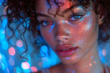 Stylish young woman with glittery makeup against blue background