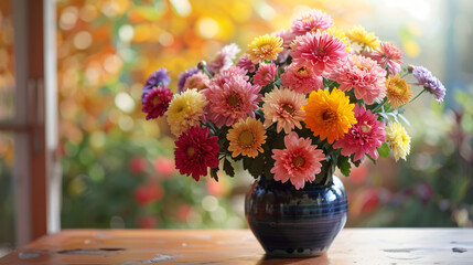 Beautiful colorful chrysanthemum flowers in vase on ta