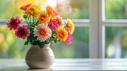 Beautiful colorful chrysanthemum flowers in vase on ta