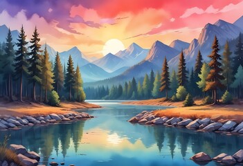 Piękny krajobraz zachodzącego słońca nad rzeką z widokiem na góry i zachodzące słońce. ilustracja jako obraz na ścianę lub okładka książki oraz do innych  projektów. Cudowny efekt farb wodnych