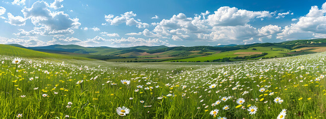 Fototapeta premium Tranquil Hilly Countryside with Blossoming Daisies, Daisies in the Meadow, Rolling Hills and Blooming Daisies 