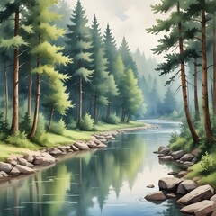 Piękny krajobraz nad rzeką z widokiem na góry. Ilustracja jako obraz na ścianę lub okładka książki oraz do innych kreatywnych projektów. Cudowny efekt farb wodnych