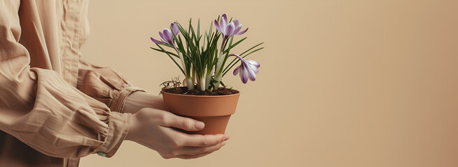 Woman Showcasing Crocus Plant in Pot, Delicate Crocus Plant in Woman’s Hands
