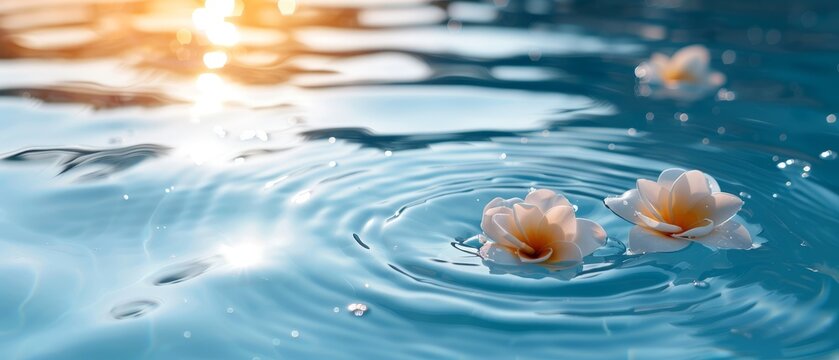Pink flowers floating on blue water with ripples.