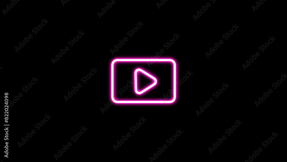 Poster glowing neon line play button icon. neon play button. press to play. start button.