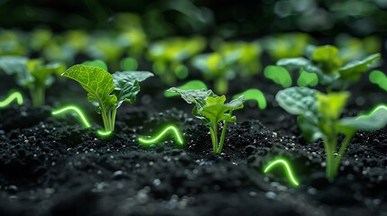 Close-up of young green seedlings growing in fertile soil with futuristic glowing lines, symbolizing innovation in agriculture and technology.