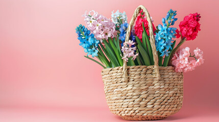 Beautiful straw bag with seasonal flowers of hyacinth and carnation blossom