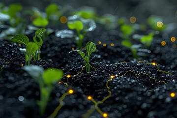 Close-up of young green seedlings growing in soil, symbolizing fresh growth, nature, and sustainability. Lit with soft LED lights.