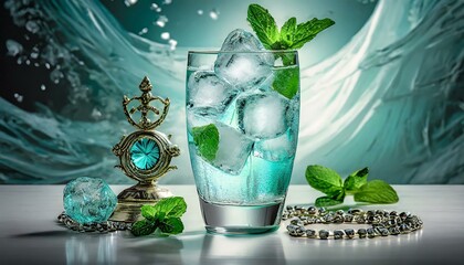A glass of sparkling water with ice cubes and mint, surrounded by royal insignias and jewels