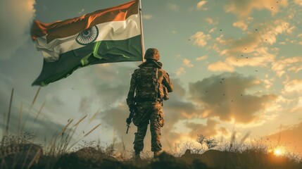 Indian soldier with national flag. Independence day concept, 15th August