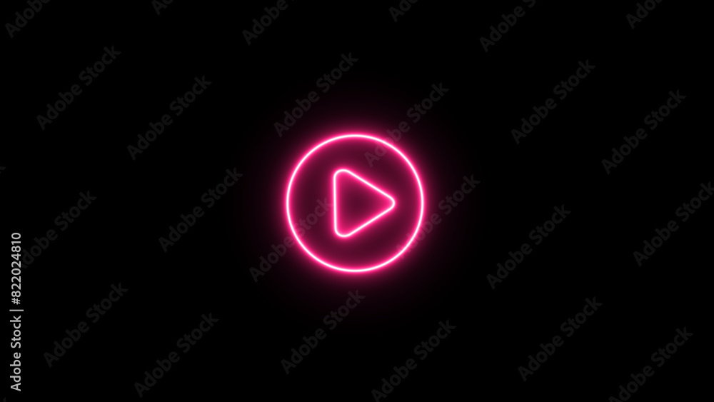 Poster purple color play button on black background. start button. neon glowing play button. neon glowing p