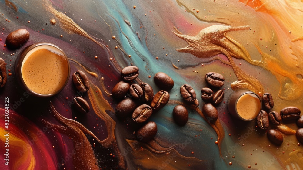 Poster a vibrant abstract of swirling coffee and cream colors dotted with scattered coffee beans creating a
