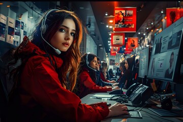 Obraz premium Illustration of Inclusive Call Center Representatives Multitasking with Empathy