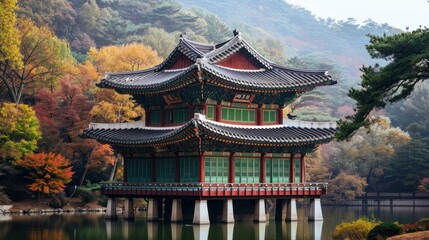 Fototapeta premium Lijiang old town, China. scene-Black Dragon Pool Park. . In the there, Jade Dragon Snow Mountain.