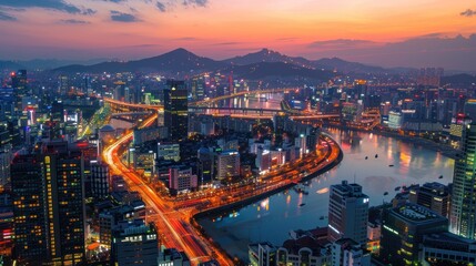 Fototapeta premium A bird's eye view of the urban architecture at night