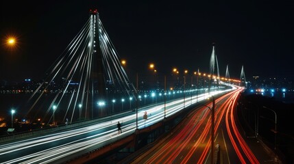 Obraz premium Reflection of bright lanterns in the Dnieper river under the bridge