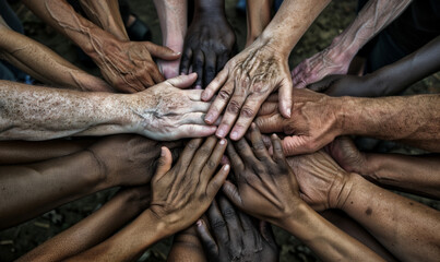 From above view group of multi ethnic human hands coming together in a pile, teamwork and collaboration concepts