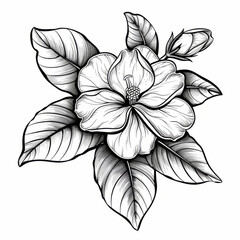 Obraz premium Detailed black and white illustration of a blooming flower with full leaves.