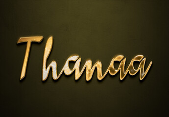 Old gold text effect of Arabic name Thanaa with 3D glossy style Mockup.