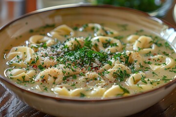 Tortellini in Brodo: Small stuffed pasta served in a clear, rich broth, garnished with grated Parmesan