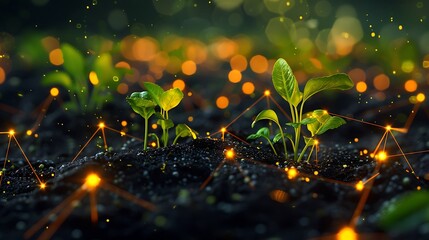 Close-up of young plant sprouts growing in soil with glowing lights symbolizing data and technology integration in agriculture.