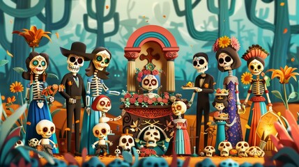Obraz premium A group of skeletons are dressed up in costumes and are posing for a picture