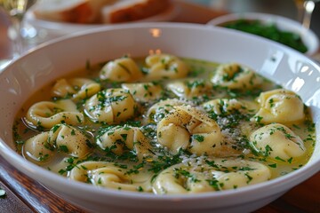 Tortellini in Brodo: Small stuffed pasta served in a clear, rich broth, garnished with grated Parmesan